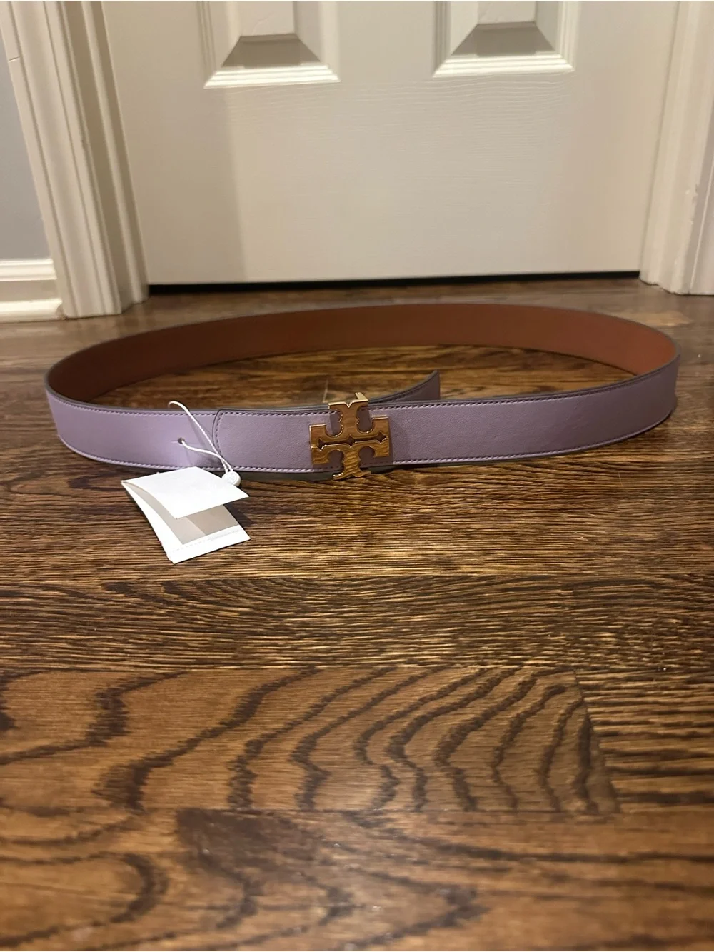 Tory Burch New Lavender Reversible Leather Belt with Gold T Logo Buckle 1.5”